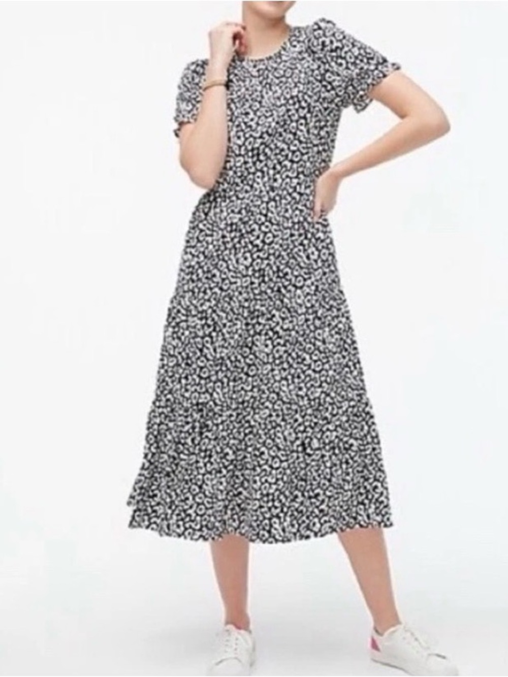 J Crew New Medium Animal Print Midi Tiered Dress Navy Blue White Pockets